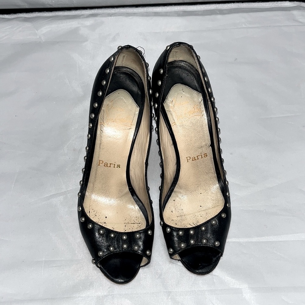 Christian Louboutin Open Toe Pumps Black Leather Studded 4” Silver Heel